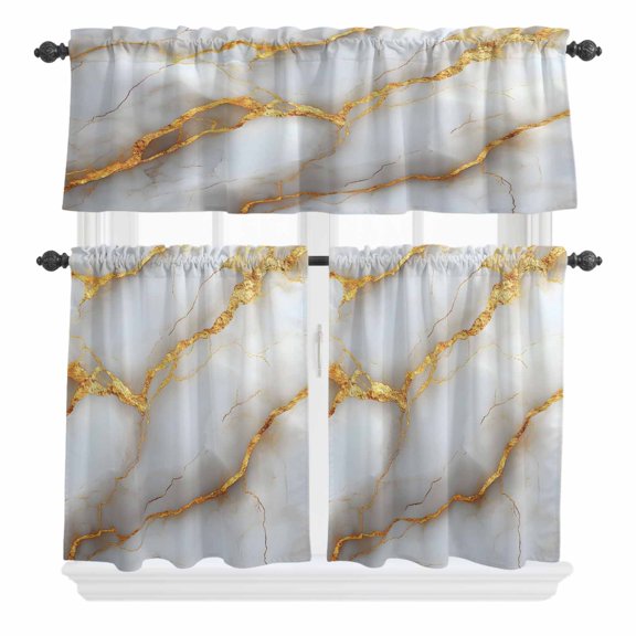 3 Piece Kitchen Curtains and Valances Set Marble Grey Cafe Curtains 24 Inch Length Gold Texture Modern Crack Scenery Valance & Tier Curtain for Living Room Bedroom Small Window 54"x18"+27"x24"*2