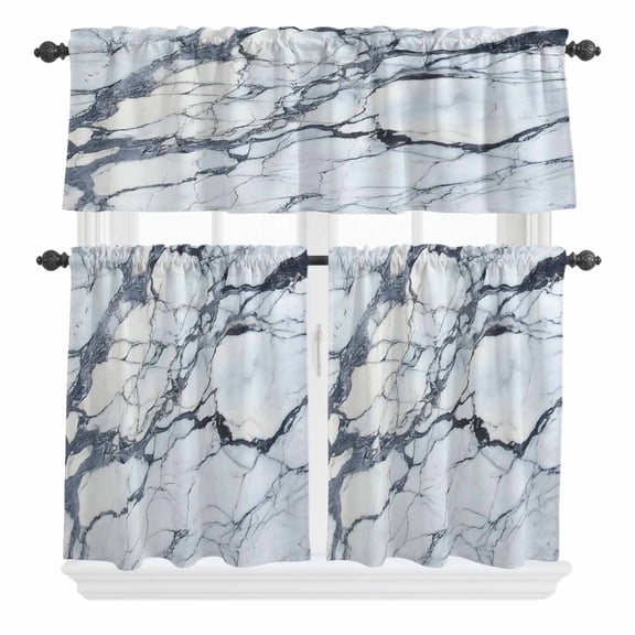 3 Piece Kitchen Curtains and Valances Set Marble Grey White Cafe Curtains 36 Inch Length Abstract Modern Geometric Printed Valance & Tier Curtain for Living Room Bedroom Window 54"x18"+27"x36"*2