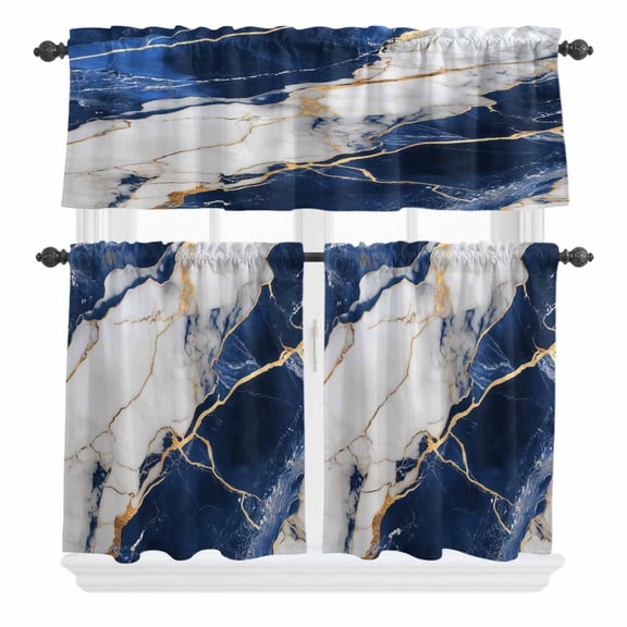 3 Piece Kitchen Curtains and Valances Set Marble Navy Blue Cafe Curtains 36 Inch Length Abstract Gold White Brick Stone Motif Valance & Tier Curtain for Living Room Bedroom Window 54"x18"+27"x36"*2
