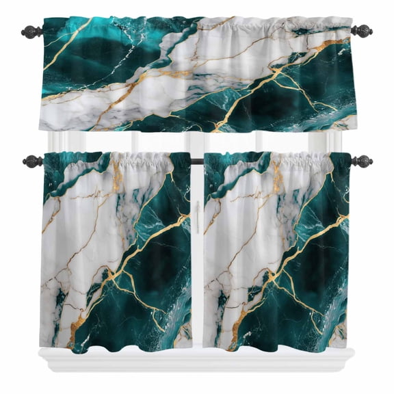3 Piece Kitchen Curtains and Valances Set Marble Turquoise Cafe Curtains 24 Inch Length Abstract Gold White Brick Stone Motif Valance & Tier Curtain for Living Room Bedroom Window 54"x18"+27"x24"*2