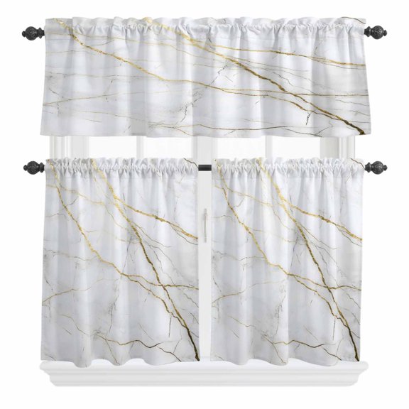 3 Piece Kitchen Curtains and Valances Set Marble White Cafe Curtains 36 Inch Length Modern Abstract Art Golden Ink Painting Valance & Tier Curtain for Living Room Bedroom Window 54"x18"+27"x36"*2