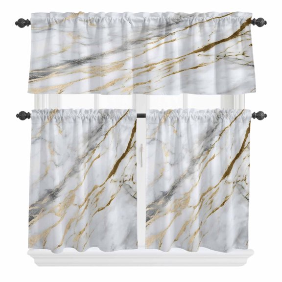 3 Piece Kitchen Curtains and Valances Set Marble White Gold Cafe Curtains 24 Inch Length Modern Abstract Geometric Valance & Tier Curtain for Living Room Bedroom Small Window 54"x18"+27"x24"*2