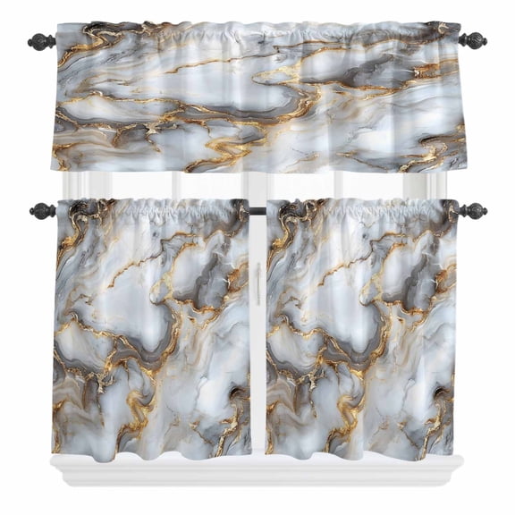 3 Piece Kitchen Curtains and Valances Set Marble White Yellow Cafe Curtains 24 Inch Length Modern Art Ink Painting Valance & Tier Curtain for Living Room Bedroom Small Window 54"x18"+27"x24"*2