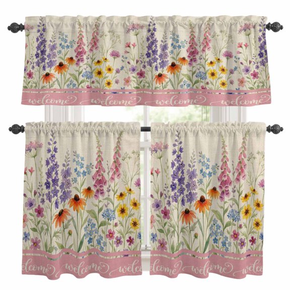 3 Piece Kitchen Curtains and Valances Set Meadow Wildflowers Cafe Curtains 36 Inch Length Rustic Floral Botanical Blossom Valance & Tier Curtain for Living Room Bedroom Small Window 54"x18"+27"x36"*2
