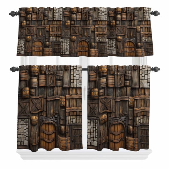 3 Piece Kitchen Curtains and Valances Set Medieval Cafe Curtains 24 Inch Length Old Farmhouse Vintage Wood Cabin Country Valance & Tier Curtain for Living Room Bedroom Small Window 54"x18"+27"x24"*2