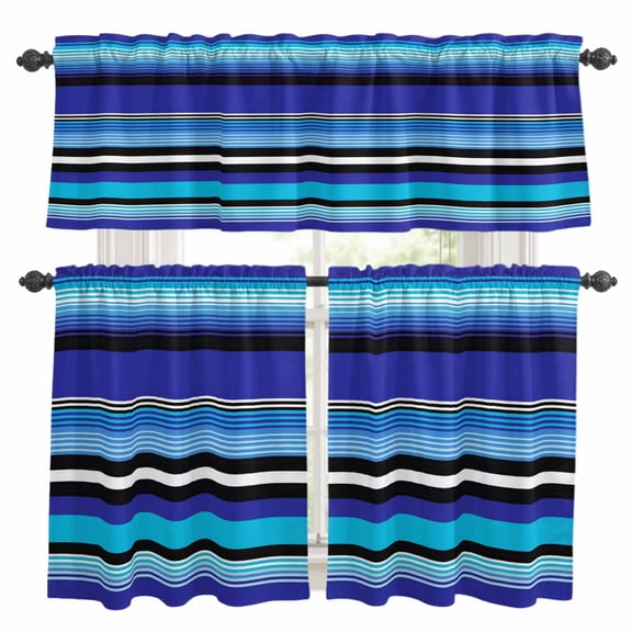 3 Piece Kitchen Curtains and Valances Set Mexican Style Cafe Curtains 24 Inch Length Colorful Mexico Stripes Ombre Navy Blue Valance & Tier Curtain for Living Room Bedroom Window 54"x18"+27"x24"*2