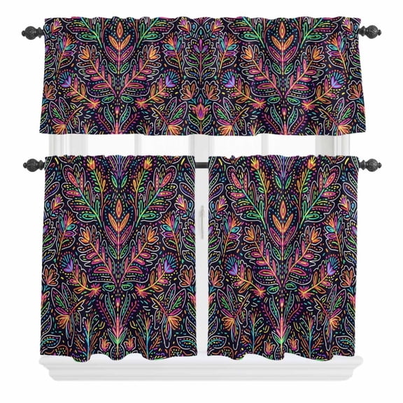 3 Piece Kitchen Curtains and Valances Set Mexico Flower Cafe Curtains 36 Inch Length Abstract Geometric Colorful Floral Plant Valance & Tier Curtain for Living Room Bedroom Window 54"x18"+27"x36"*2
