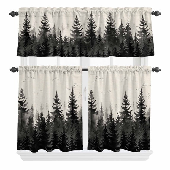 3 Piece Kitchen Curtains and Valances Set Mist Forest Cafe Curtains 36 Inch Length Beige Farmhouse Vintage Nature Scenery Valance & Tier Curtain for Living Room Bedroom Small Window 54"x18"+27"x36"*2