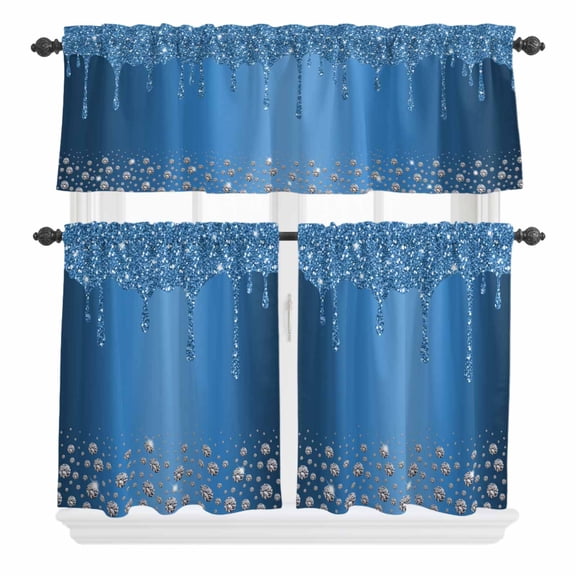 3 Piece Kitchen Curtains and Valances Set Modern Blue Cafe Curtains 36 Inch Length Abstract Diamond Luxury Gradient Valance & Tier Curtain for Living Room Bedroom Small Window 54"x18"+27"x36"*2