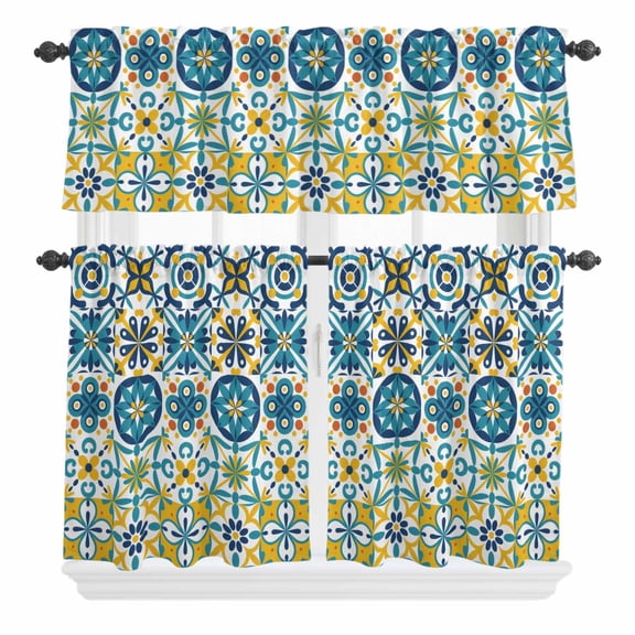 3 Piece Kitchen Curtains and Valances Set Modern Mediterranean Cafe Curtains 24 Inch Length Retro Moroccan Tiles Texture Vlue Yellow Valance & Tier Curtain for Living Room Bedroom 54"x18"+27"x24"*2