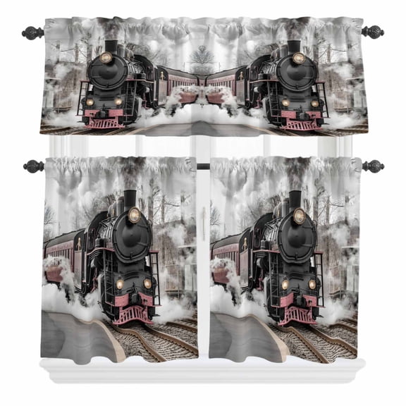 3 Piece Kitchen Curtains and Valances Set Modern Trains Cafe Curtains 24 Inch Length Abstract Vintage Classic Valance & Tier Curtain for Living Room Bedroom Small Window 54"x18"+27"x24"*2