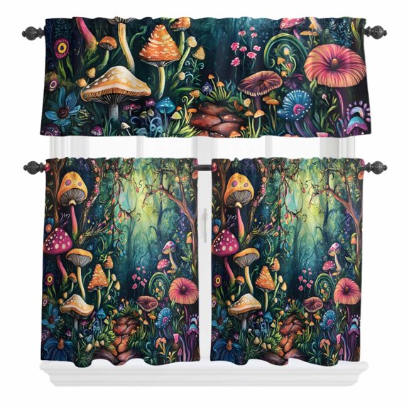 3 Piece Kitchen Curtains and Valances Set Mushroom Cafe Curtains 24 Inch Length Dream Forest Botanical Floral Plant Valance & Tier Curtain for Living Room Bedroom Small Window 54"x18"+27"x24"*2