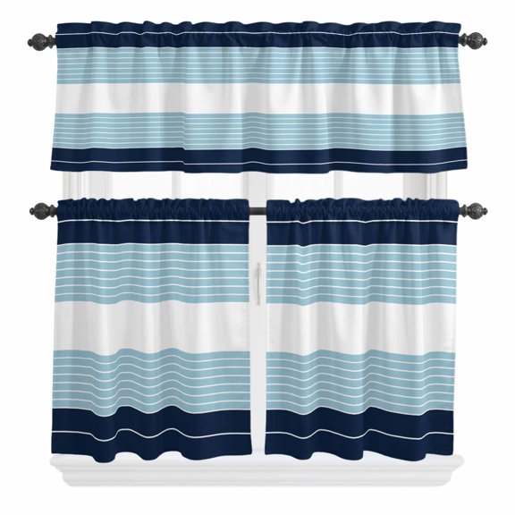 3 Piece Kitchen Curtains and Valances Set Navy Blue Aqua Stripe Cafe Curtains 24 Inch Length Modern Art Horizontal Striped Valance & Tier Curtain for Living Room Bedroom Window 54"x18"+27"x24"*2
