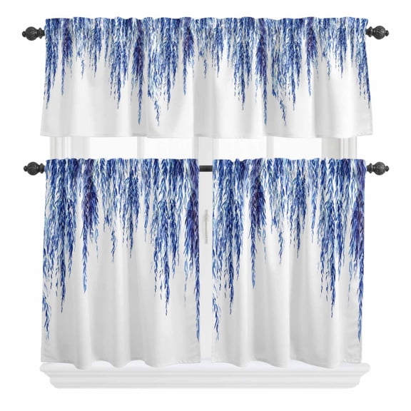 3 Piece Kitchen Curtains and Valances Set Navy Blue Cafe Curtains 36 Inch Length Summer Botanical Leaves Watercolor Valance & Tier Curtain for Living Room Bedroom Small Window 54"x18"+27"x36"*2