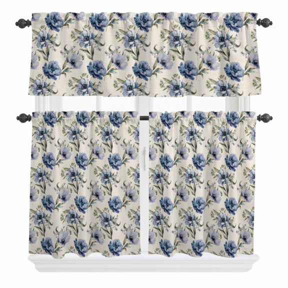3 Piece Kitchen Curtains and Valances Set Navy Blue Floral Cafe Curtains 36 Inch Length Vintage Flowers Elegant Pastoral Rustic Valance & Tier Curtain for Living Room Bedroom Window 54"x18"+27"x36"*2