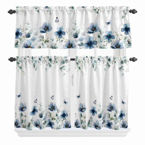 3 Piece Kitchen Curtains and Valances Set Navy Blue Floral Cafe Curtains 36 Inch Length Watercolor Eucalyptus Leaves Butterfly Valance & Tier Curtain for Living Room Bedroom Window 54"x18"+27"x36"*2