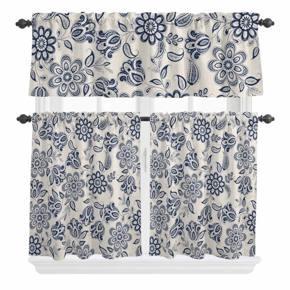 3 Piece Kitchen Curtains and Valances Set Navy Blue Flowers Cafe Curtains 36 Inch Length Retro Ethnic Floral Pastoral Art Valance & Tier Curtain for Living Room Bedroom Small Window 54"x18"+27"x36"*2