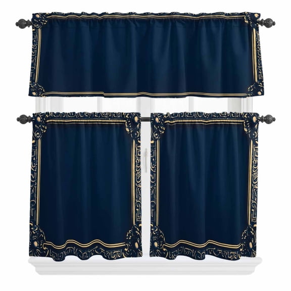 3 Piece Kitchen Curtains and Valances Set Navy Blue Geometric Cafe Curtains 36 Inch Length Farmhouse Geo Vintage Abstract Art Valance & Tier Curtain for Living Room Bedroom Window 54"x18"+27"x36"*2