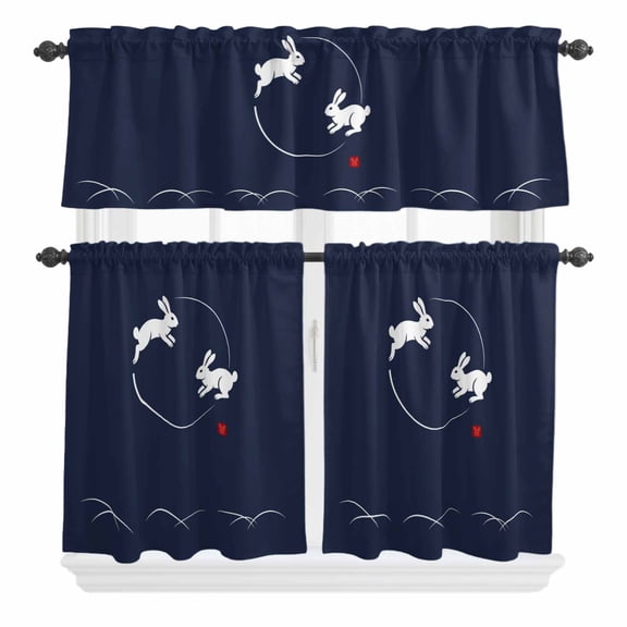 3 Piece Kitchen Curtains and Valances Set Navy Blue Modern Cafe Curtains 24 Inch Length Farmhouse Rabbit Abstract Art Valance & Tier Curtain for Living Room Bedroom Small Window 54"x18"+27"x24"*2