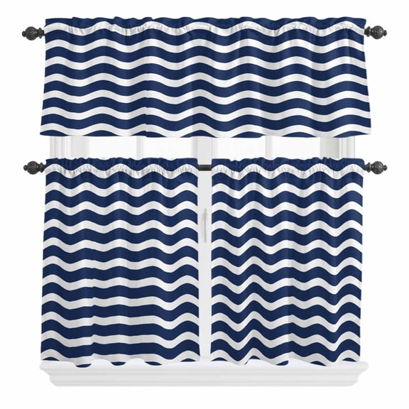 3 Piece Kitchen Curtains and Valances Set Navy Blue Moire Cafe Curtains 24 Inch Length Water Ripple Stripe Farmhouse Valance & Tier Curtain for Living Room Bedroom Small Window 54"x18"+27"x24"*2