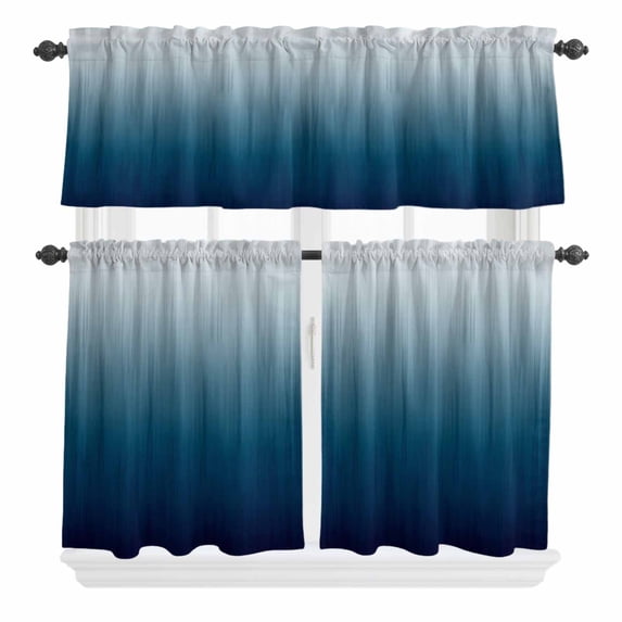 3 Piece Kitchen Curtains and Valances Set Navy Blue Ombre Cafe Curtains 24 Inch Length Contemporary Gradient Abstract Art Valance & Tier Curtain for Living Room Bedroom Small Window 54"x18"+27"x24"*2