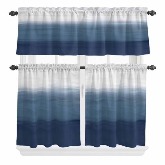 3 Piece Kitchen Curtains and Valances Set Navy Blue Ombre Cafe Curtains 24 Inch Length Modern Abstract Art Texture Valance & Tier Curtain for Living Room Bedroom Small Window 54"x18"+27"x24"*2