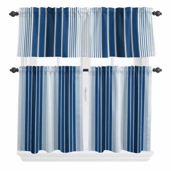 3 Piece Kitchen Curtains and Valances Set Navy Blue Ombre Stripe Cafe Curtains 36 Inch Length Farmhouse Simple Striped Valance & Tier Curtain for Living Room Bedroom Small Window 54"x18"+27"x36"*2