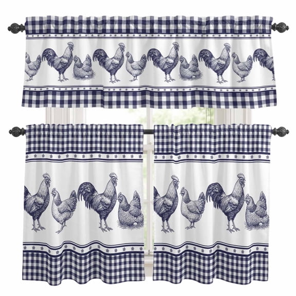 3 Piece Kitchen Curtains and Valances Set Navy Blue Rooster Cafe Curtains 24 Inch Length Vintage Farmhouse Blue Plaid Valance & Tier Curtain for Living Room Bedroom Small Window 54"x18"+27"x24"*2
