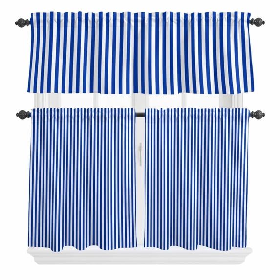 3 Piece Kitchen Curtains and Valances Set Navy Blue Stripe Cafe Curtains 24 Inch Length Modern White Vertical Striped Geometric Valance & Tier Curtain for Living Room Bedroom Window 54"x18"+27"x24"*2