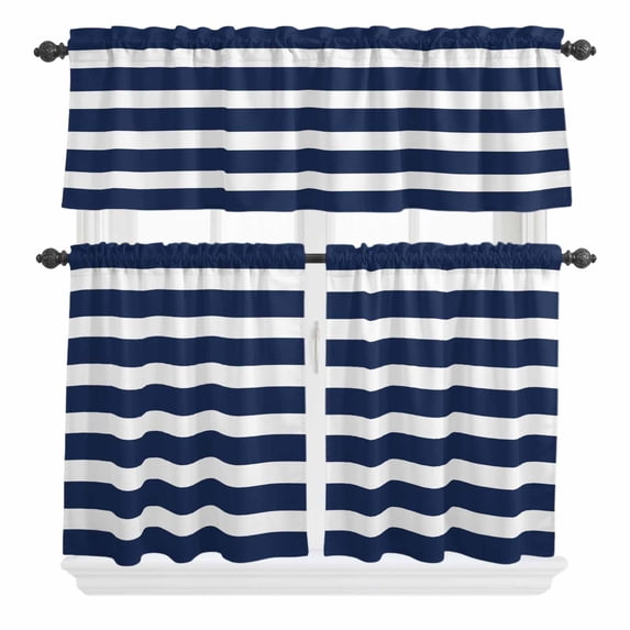 3 Piece Kitchen Curtains and Valances Set Navy Blue Stripe Cafe Curtains 36 Inch Length Modern Simple Geometric White Striped Valance & Tier Curtain for Living Room Bedroom Window 54"x18"+27"x36"*2