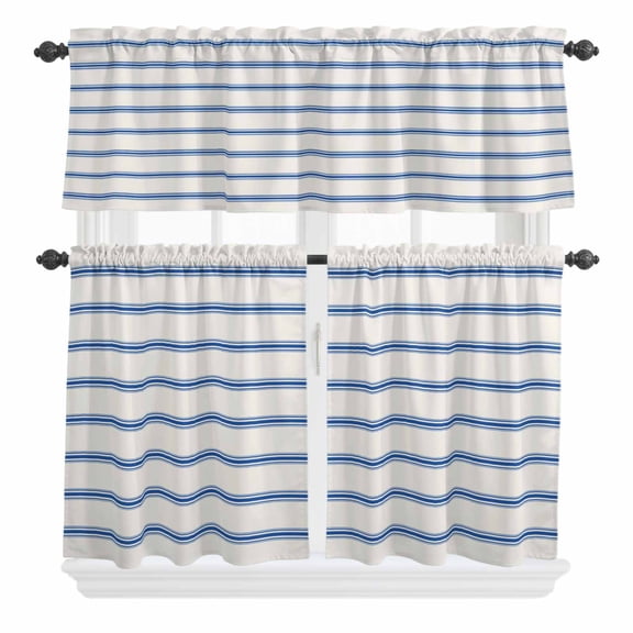 3 Piece Kitchen Curtains and Valances Set Navy Blue Striped Cafe Curtains 24 Inch Length Rustic Blue Stripe Modern Art Beige Valance & Tier Curtain for Living Room Bedroom Window 54"x18"+27"x24"*2