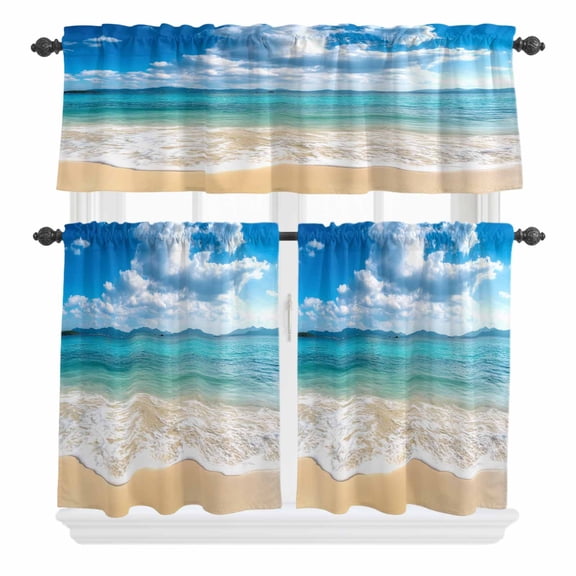 3 Piece Kitchen Curtains and Valances Set Ocean Beach Cafe Curtains 24 Inch Length Blue Sky Waves Sand Horizon Shore Summer Valance & Tier Curtain for Living Room Bedroom Window 54"x18"+27"x24"*2
