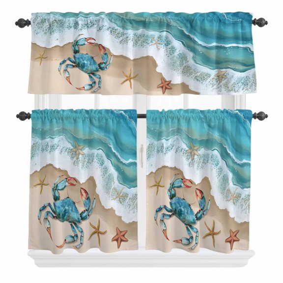 3 Piece Kitchen Curtains and Valances Set Ocean Crab Cafe Curtains 24 Inch Length Beach Starfish Seashore Gradient Sea Waves Valance & Tier Curtain for Living Room Bedroom Window 54"x18"+27"x24"*2
