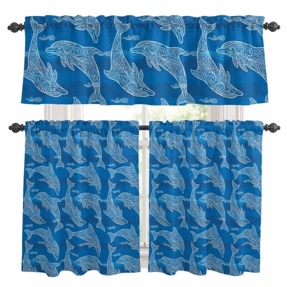3 Piece Kitchen Curtains and Valances Set Ocean Dolphin Cafe Curtains 24 Inch Length Summer Blue Coastal Waves Ethnic Valance & Tier Curtain for Living Room Bedroom Small Window 54"x18"+27"x24"*2