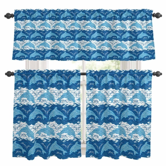 3 Piece Kitchen Curtains and Valances Set Ocean Dolphin Cafe Curtains 24 Inch Length Summer Blue Nautical Coastal Waves Valance & Tier Curtain for Living Room Bedroom Small Window 54"x18"+27"x24"*2