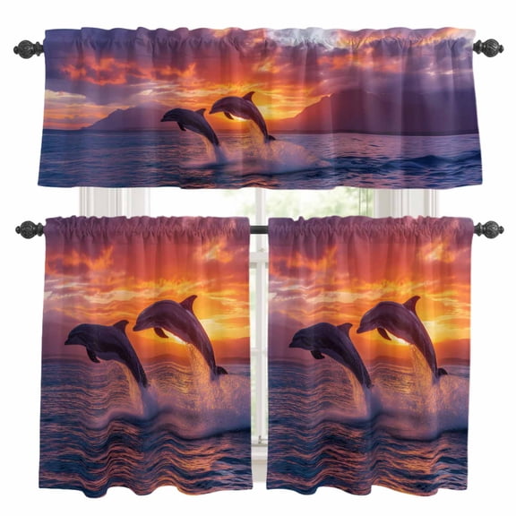 3 Piece Kitchen Curtains and Valances Set Ocean Dolphins Cafe Curtains 36 Inch Length Summer Coastal Sunset Romantic Orange Valance & Tier Curtain for Living Room Bedroom Window 54"x18"+27"x36"*2
