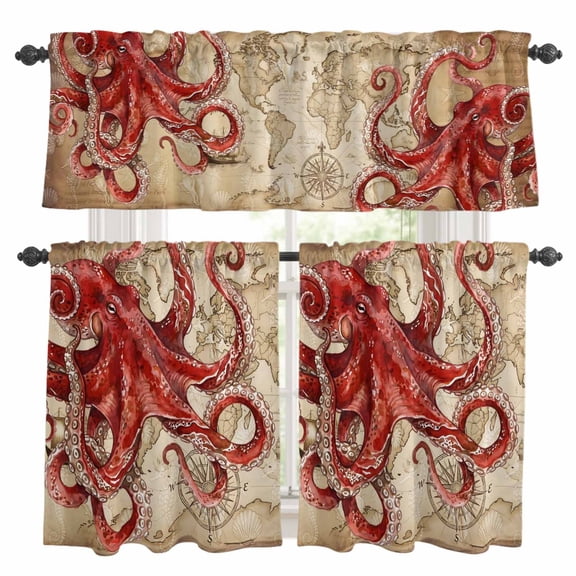 3 Piece Kitchen Curtains and Valances Set Ocean Red Octopus Cafe Curtains 24 Inch Length Coastal Anchor Sea Boat Retro World Map Valance & Tier Curtain for Living Room Bedroom 54"x18"+27"x24"*2