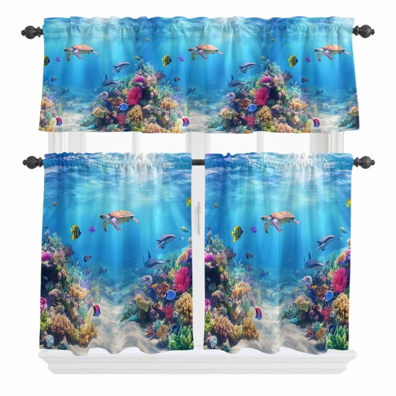 3 Piece Kitchen Curtains and Valances Set Ocean Turtle Cafe Curtains 24 Inch Length Blue Beach Summer Dolphin Whale Coral Fish Valance & Tier Curtain for Living Room Bedroom Window 54"x18"+27"x24"*2