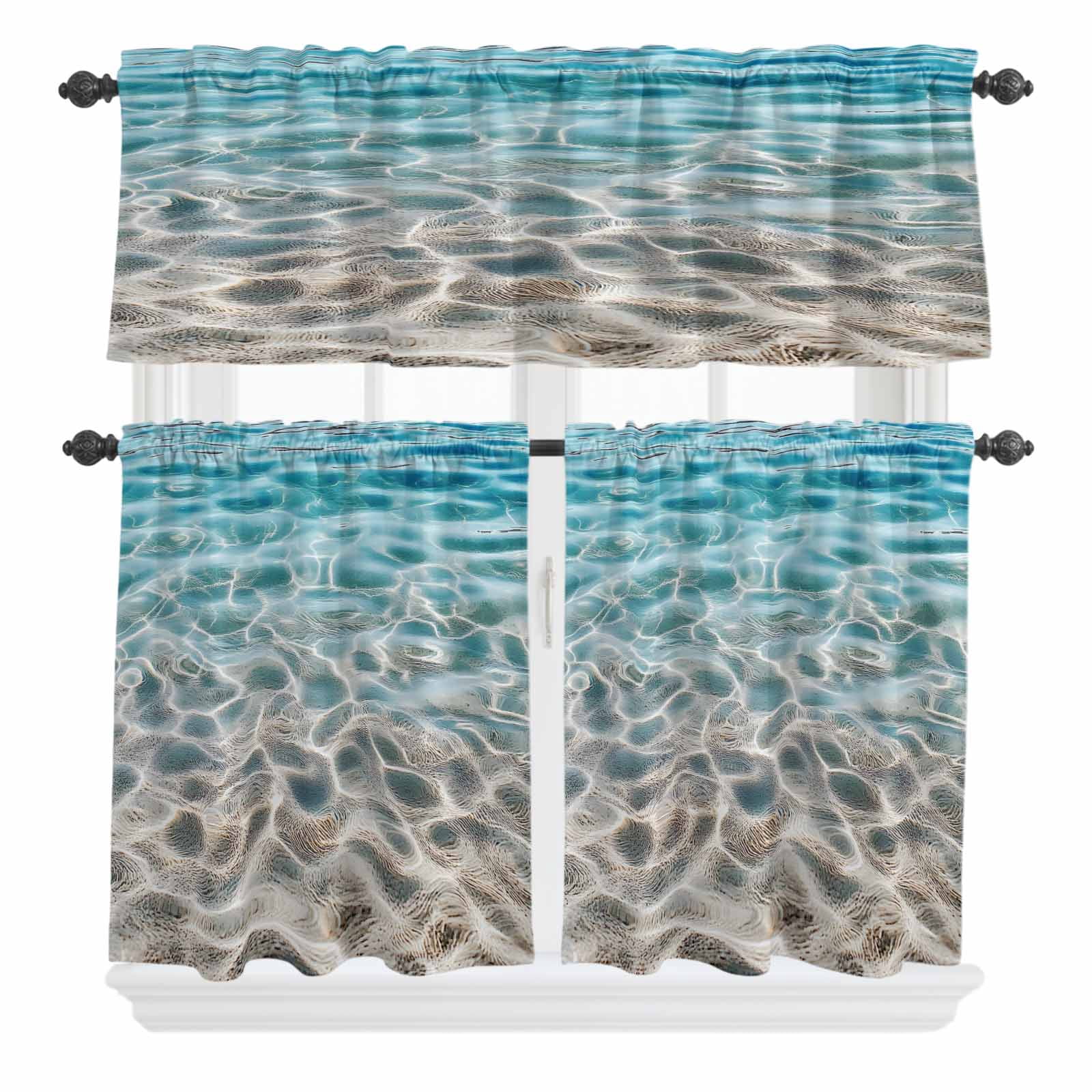 3 Piece Kitchen Curtains and Valances Set Ocean Water Ripple Cafe ...