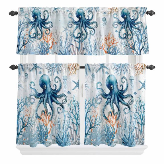 3 Piece Kitchen Curtains and Valances Set Octopus Cafe Curtains 24 Inch Length Blue Coastal Starfish Ocean Coral Nautical Valance & Tier Curtain for Living Room Bedroom Small Window 54"x18"+27"x24"*2