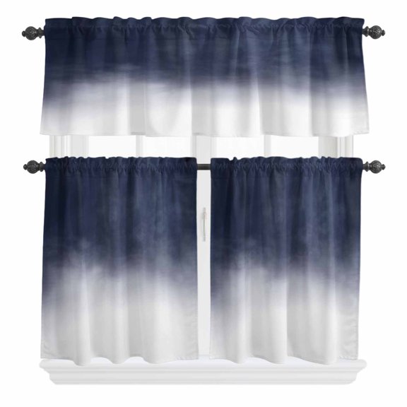 3 Piece Kitchen Curtains and Valances Set Ombre Blue Cafe Curtains 36 Inch Length Abstract Modern Geometric Gradient Valance & Tier Curtain for Living Room Bedroom Small Window 54"x18"+27"x36"*2