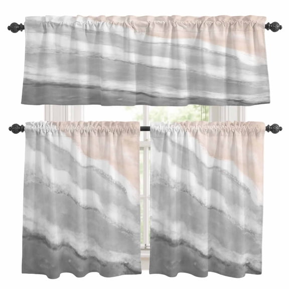 3 Piece Kitchen Curtains and Valances Set Ombre Ocean Beach Cafe Curtains 24 Inch Length Nautical Coastal Beach Sandy Gradient Gray Valance & Tier Curtain for Living Room Bedroom 54"x18"+27"x24"*2