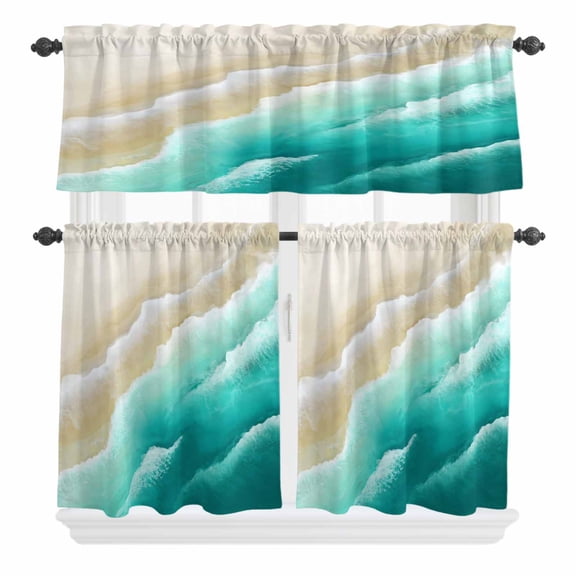 3 Piece Kitchen Curtains and Valances Set Ombre Turquoise Ocean Cafe Curtains 24 Inch Length Gradient Coastal Beach Waves Summer Valance & Tier Curtain for Living Room Bedroom 54"x18"+27"x24"*2