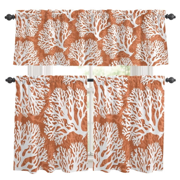 3 Piece Kitchen Curtains and Valances Set Orange Coastal Coral Cafe Curtains 24 Inch Length Summer Nautical Sea Beach Ocean Valance & Tier Curtain for Living Room Bedroom Window 54"x18"+27"x24"*2