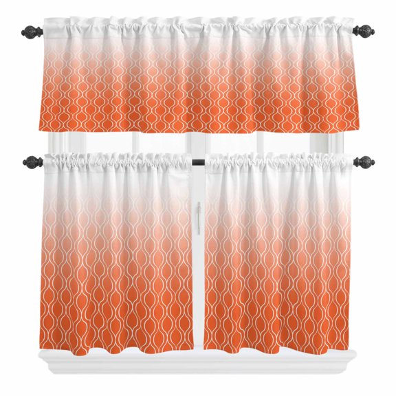 3 Piece Kitchen Curtains and Valances Set Orange Morocco Cafe Curtains 24 Inch Length Geometric Ombre Plaid Abstract Valance & Tier Curtain for Living Room Bedroom Small Window 54"x18"+27"x24"*2