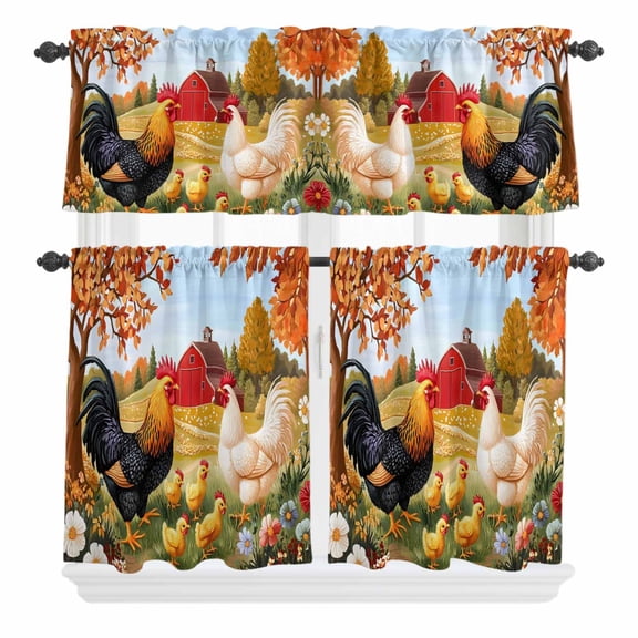 3 Piece Kitchen Curtains and Valances Set Orange Retro Rooster Cafe Curtains 24 Inch Length Pastoral Animals Spring Floral Valance & Tier Curtain for Living Room Bedroom Window 54"x18"+27"x24"*2