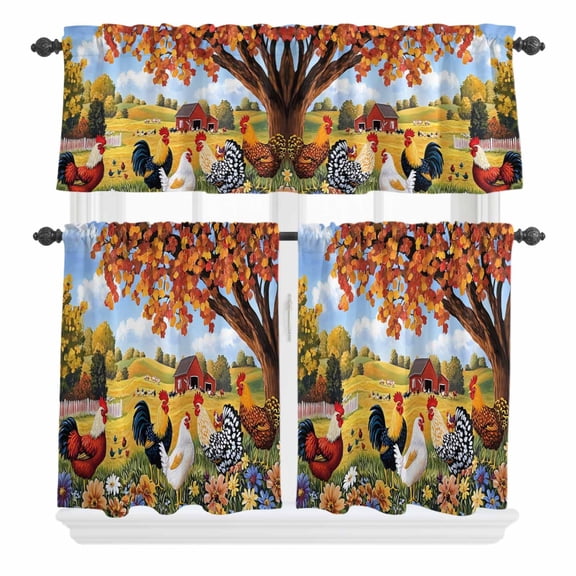 3 Piece Kitchen Curtains and Valances Set Orange Vintage Rooster Cafe Curtains 24 Inch Length Farmhouse Animals Spring Floral Valance & Tier Curtain for Living Room Bedroom Window 54"x18"+27"x24"*2