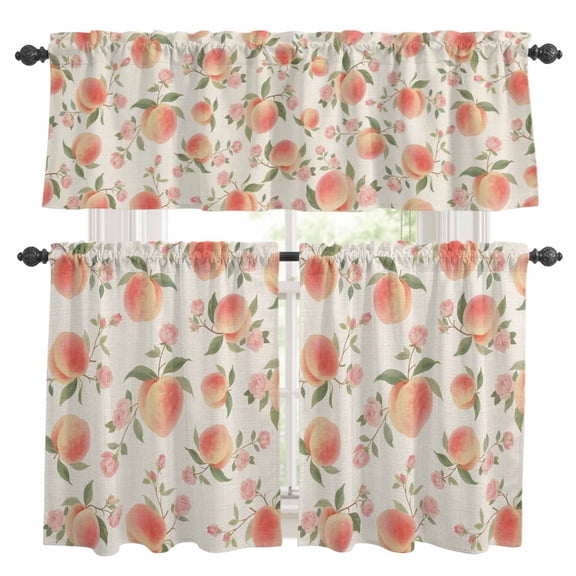 3 Piece Kitchen Curtains and Valances Set Peach Cafe Curtains 24 Inch Length Spring Floral Green Leaf Botanical Pink Fruit Rustic Valance & Tier Curtain for Living Room Bedroom 54"x18"+27"x24"*2