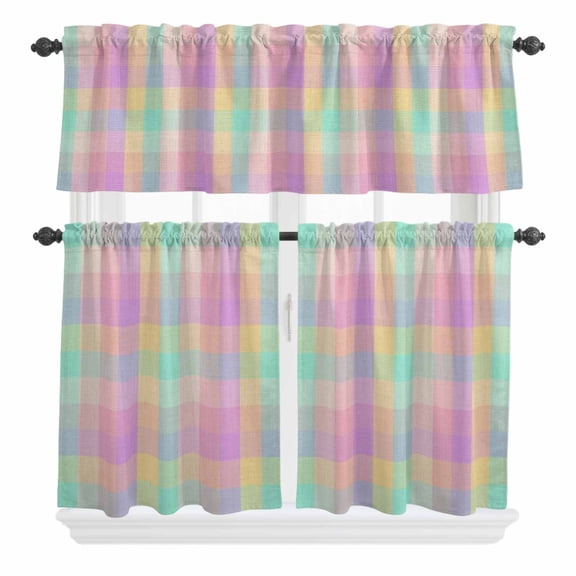 3 Piece Kitchen Curtains and Valances Set Pink Blue Plaid Cafe Curtains 36 Inch Length Buffalo Checkered Modern Gingham Lattice Valance & Tier Curtain for Living Room Bedroom Window 54"x18"+27"x36"*2