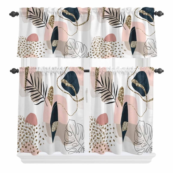 3 Piece Kitchen Curtains and Valances Set Pink Boho Cafe Curtains 24 Inch Length Vintage Ethnic Tribe Modern Abstract Art Valance & Tier Curtain for Living Room Bedroom Small Window 54"x18"+27"x24"*2